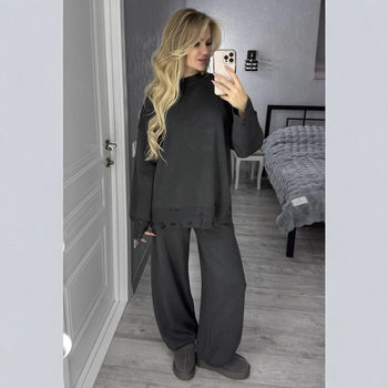 Amazon Cross-Border Tattered Style Solid Color Woolen Suit Two-Piece Round Neck Pullover Top Slim Straight Woolen Pants