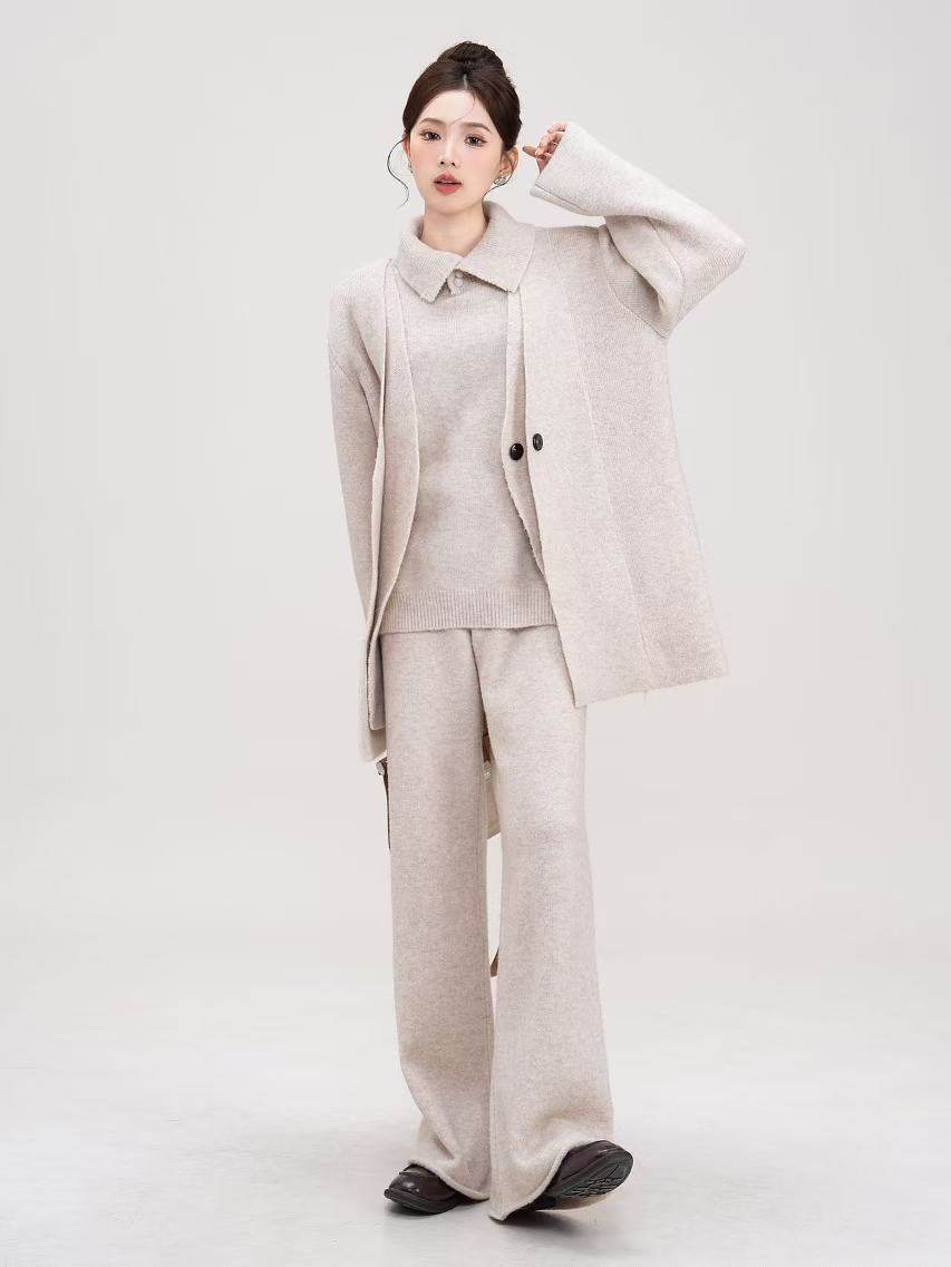 2024秋冬新款高级感慵懒宽松针织三件套宽松毛衣开衫裤子时尚套装