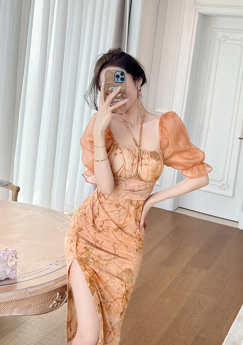 Đầm ôm body nữ dáng dài tay phồng cổ vuông phong cách Pháp — [Cam cổ điển] chi tiết 9