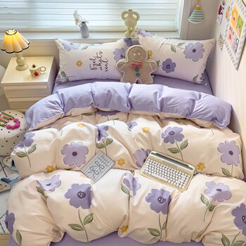 2025 New Type a Thickeneded Four-Piece Set Brushed Small Fresh Washed Cotton Bed Sheetss and Quilt Cover Student Dormitory Three-Piece Set