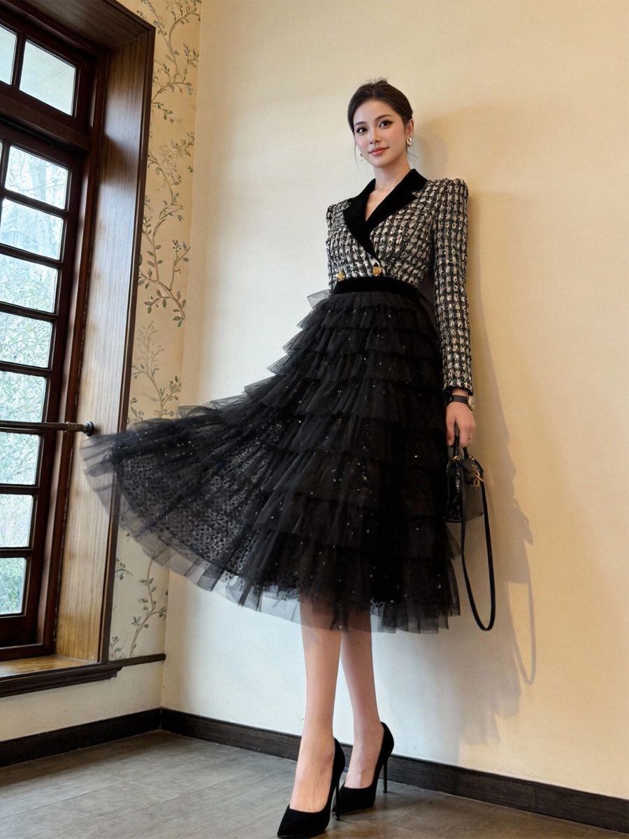 Đầm liền dài tay cổ vest phối lưới chiết eo họa tiết kẻ caro — màu đen