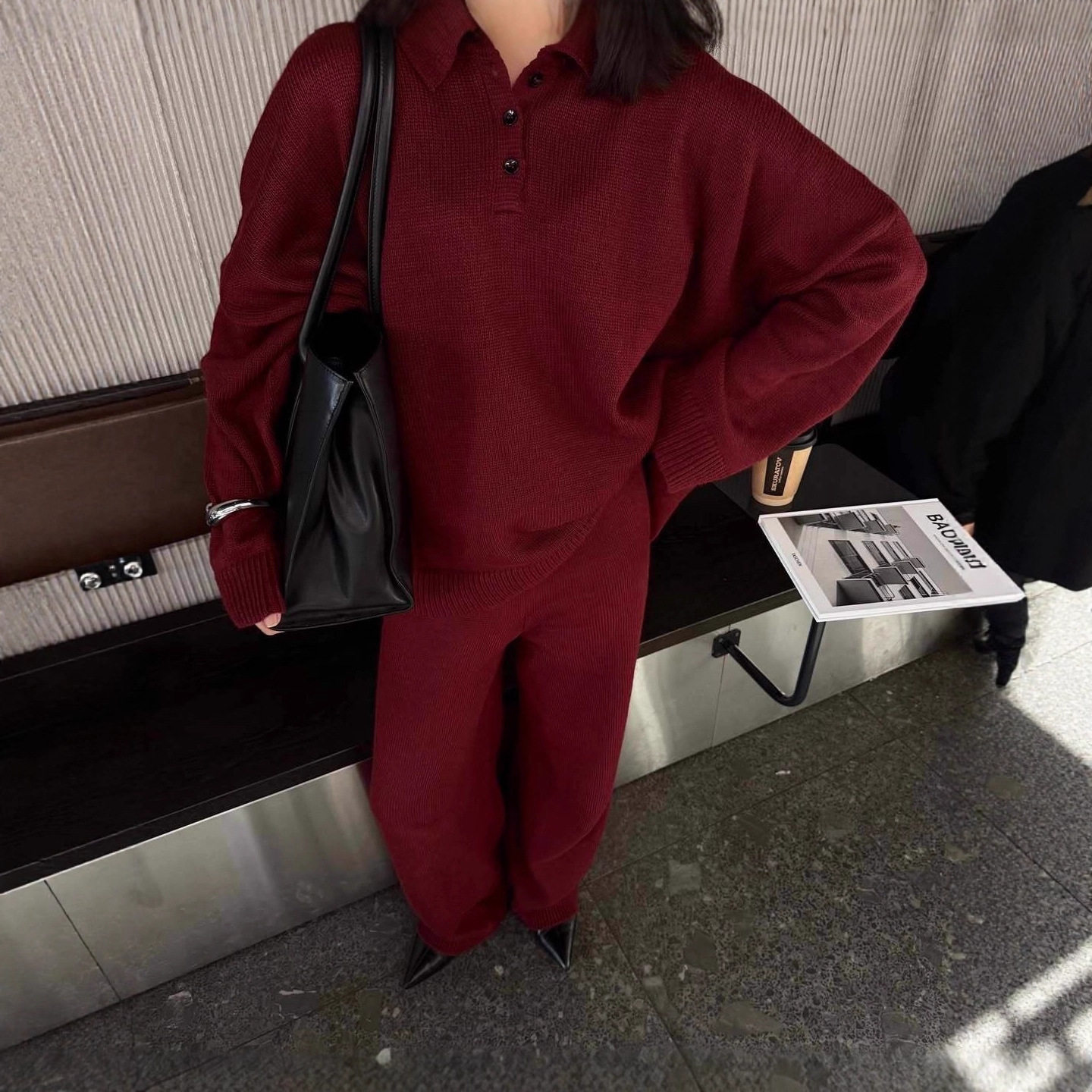 Womens Autumn Winter Solid Color Polo Neck Sweater Set Loose Fit Knit Sweater and Wide Leg Pants Casual Wear Wholesale