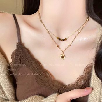 Retro Golden Sunflower Tiger Eye Stone Necklace Women's Niche Design Stacked Sweater Chain Autumn and Winter Clavicle Chain Accessories