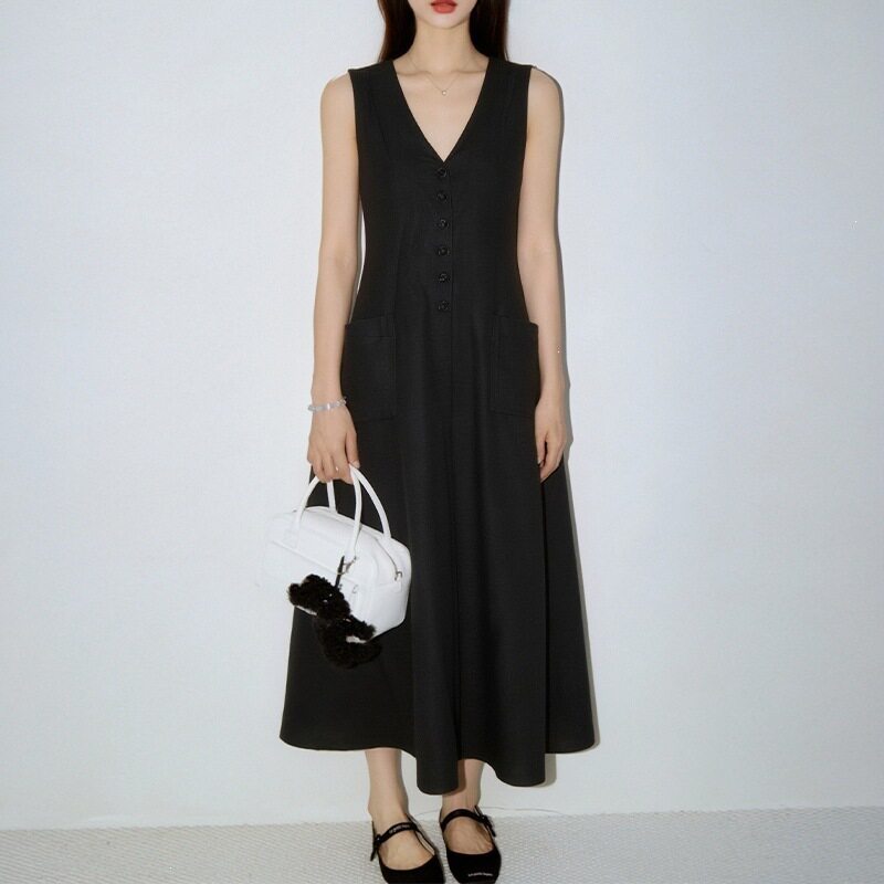 Womens Casual Loose V Neck Button Dress Solid Color Spring Fashion Ideal for Everyday Wear Wholesale Available
