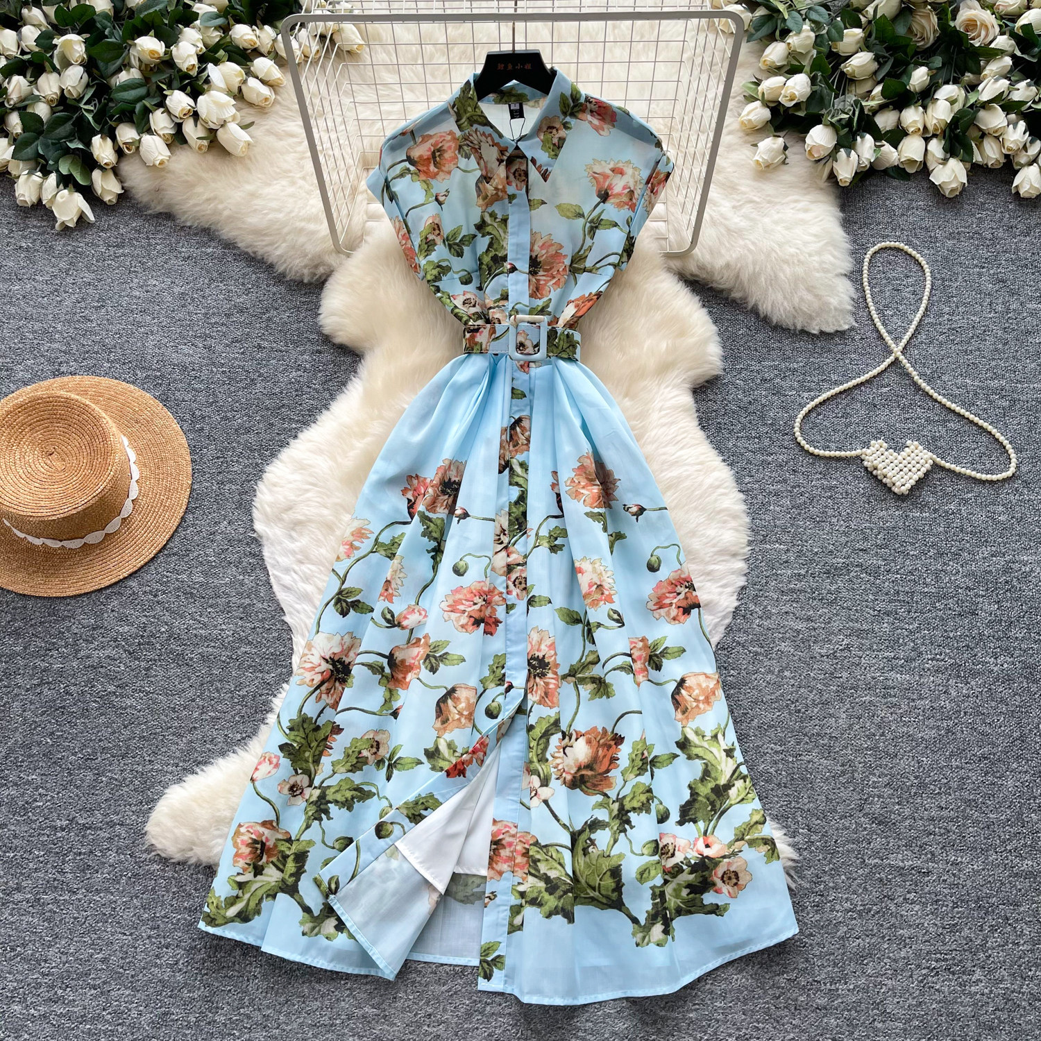 Elegant Floral Print Sleeveless Dress Slim Fit Waist Belt Lightweight Fabric Summer Casual Wear for Women Wholesale