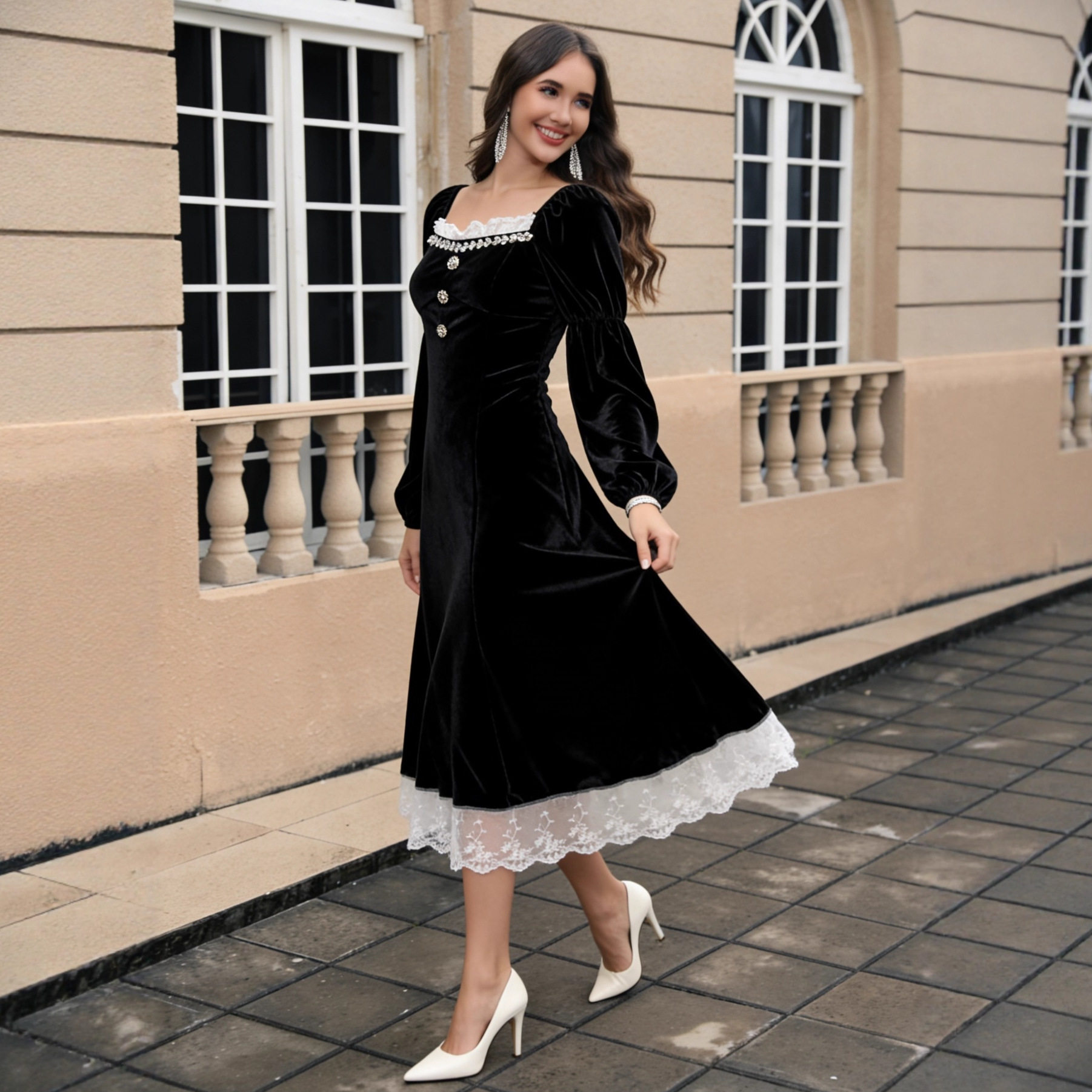 French Velvet Long Dress Black Elegant Waist Defined Autumn Winter Fashion Wholesale Available