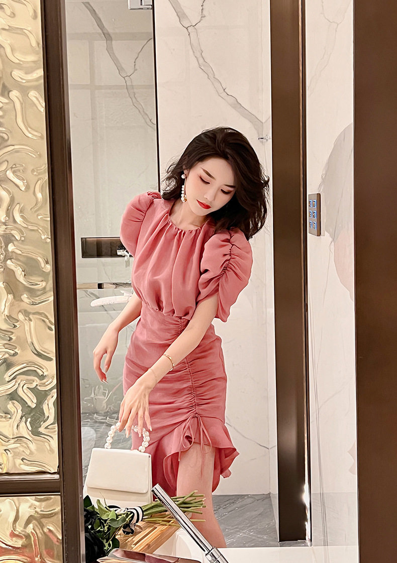 Đầm suông nữ midi cổ tròn tay bồng đuôi cá — [Hồng] chi tiết 14