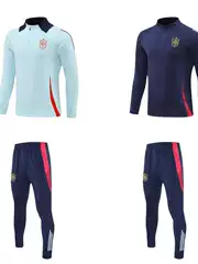 Spain Home Blue Half Zip Long Sleeve Football Training Suit suit Light Board Adult Sportswear Outfit