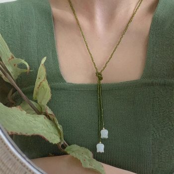 Mori Super Fairy Crystal Lily-of-the-valley Necklace Women's Vintage Green Beaded Niche Design Clavicle Chain Gentle Clavicle Necklace Chain