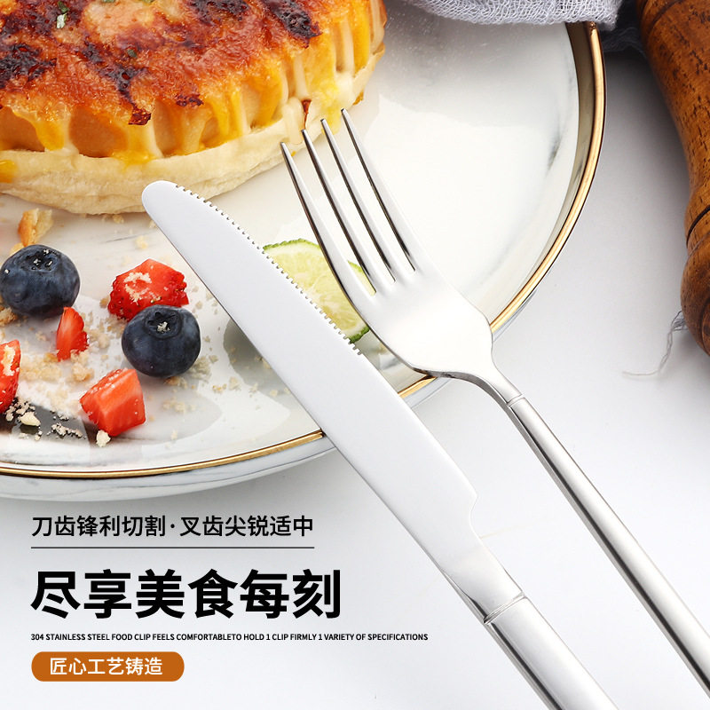 Square Handle Stainless Steel Tableware Knife, Fork and Spoon Hotel Restaurant Fork Spoon Western Tableware Set 304 Stainless Steel Tableware