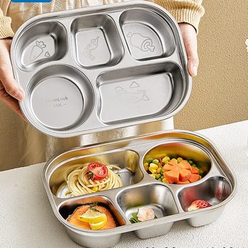 Stainless Steel Adult Multi-Compartment Dinner Plate, Divided Household Tableware, Canteen Adult Fast Food Plate, Bowl, Chopsticks and Spoon Set