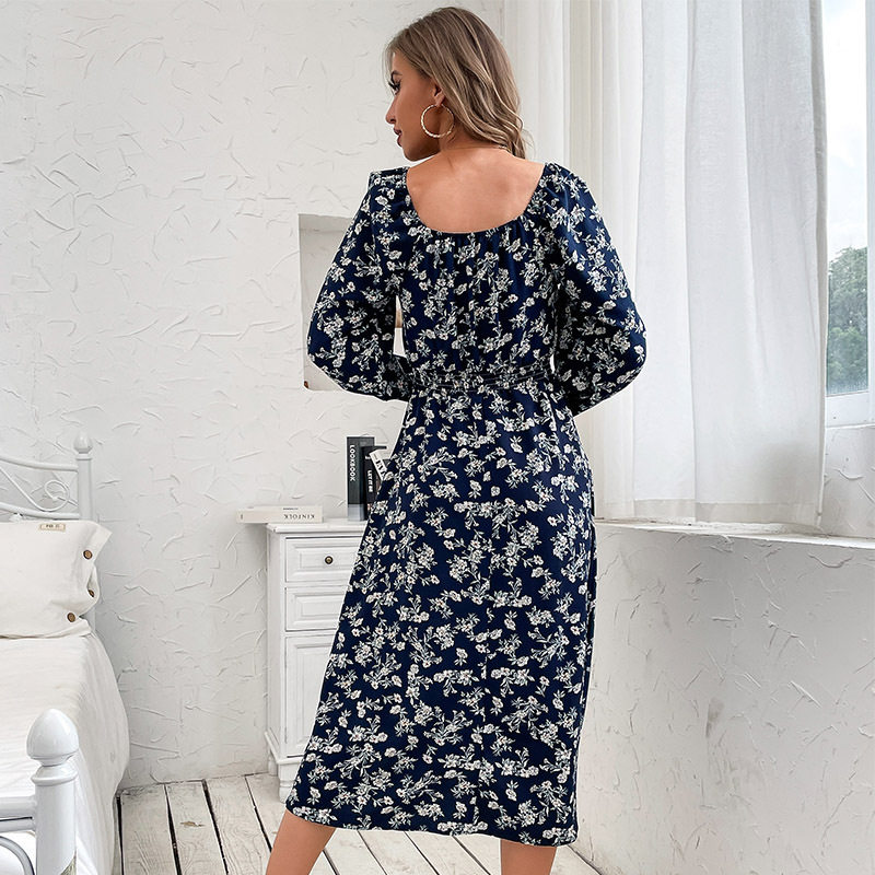 Blue Floral Off Shoulder Dress Long Sleeve Stylish Autumn Fashion Wholesale Available private label