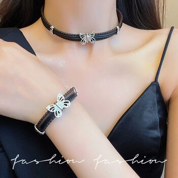 Black Leather Bow Necklace Women's Neck Strap Light Luxury Niche Sexy Necklace Hot Girl Accessories