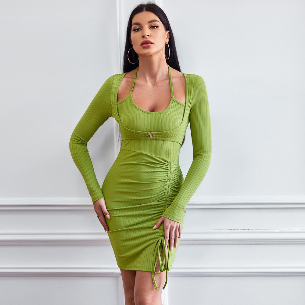 Womens Bodycon Mini Dress Two Piece Look Ruched Design Long Sleeve Knitted Fabric Perfect for Parties or Casual