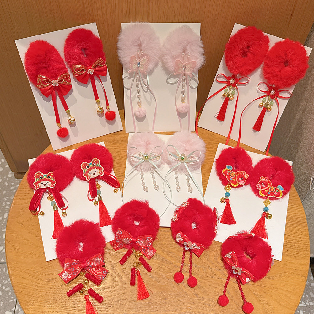Children's New Year's Red Headwear, Girl's Tassel Hair Tie, Ball Hair Rope, Little Girl's New Year's Eve Festive Headband