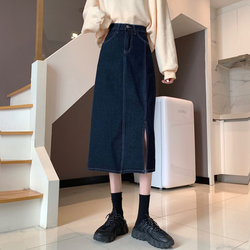 Vintage High Waisted A Line Denim Skirt Slim Fit Mid Length Side Slit Summer Casual Wear Wholesale Available