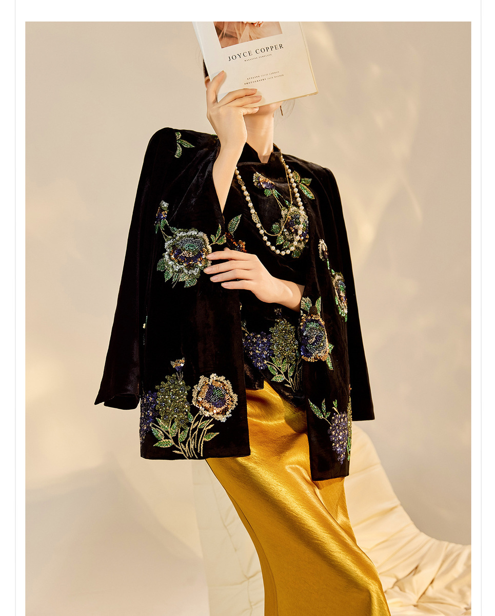Áo khoác dạ thêu sequin dáng rộng cổ chữ V nữ — Áo khoác ruy băng vàng đen (Giao hàng trong 7 ngày), Áo khoác ruy băng vàng đen (giao hàng trong ngày)