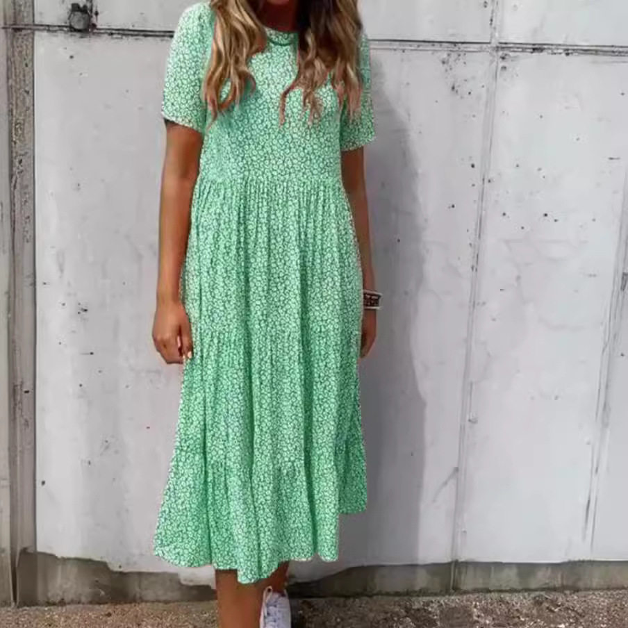 Floral Print Short Sleeve Dress Round Neck Summer Style Casual Wear Wholesale Available low MOQ