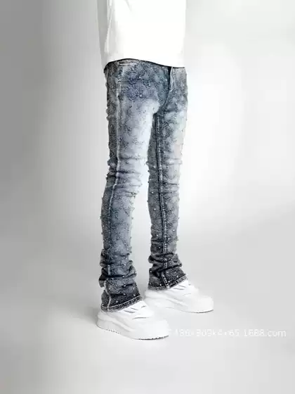 American-Style Star-Patterned New Men's Stretch Jeans Trendy High-Street Flared Slim-Fit Pants for Spring and Summer