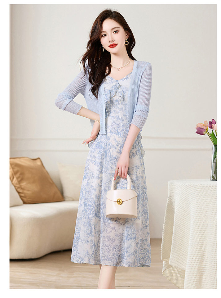 Set Áo Khoác Cardigan Dệt Kim Và Đầm Hai Dây Xòe Họa Tiết Hoa Phong Cách Thanh Lịch Màu Hồng, Xanh chi tiết 20