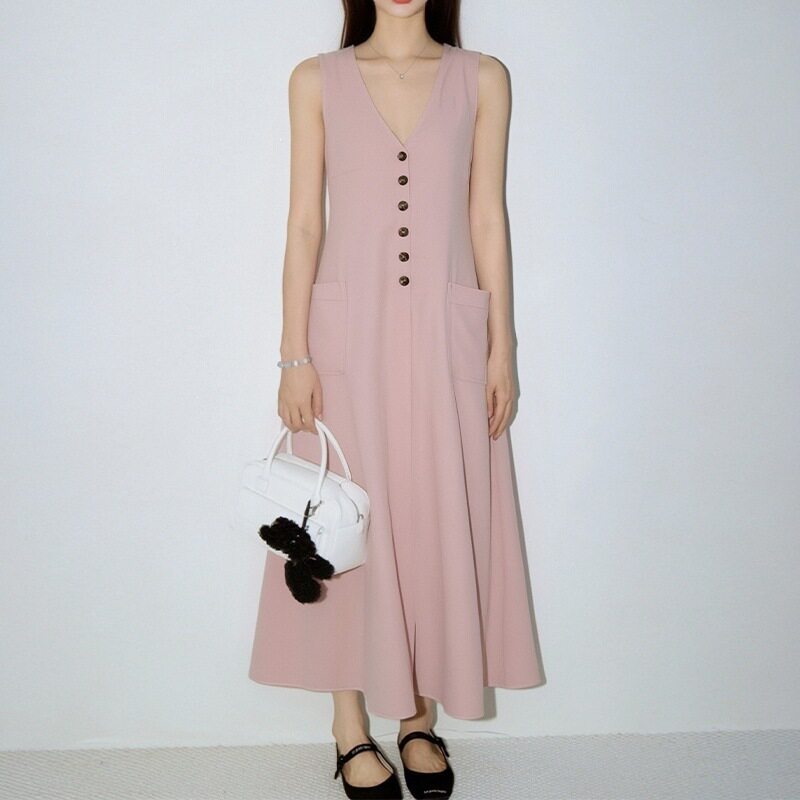 Womens Casual Loose V Neck Button Dress Solid Color Spring Fashion Ideal for Everyday Wear Wholesale Available