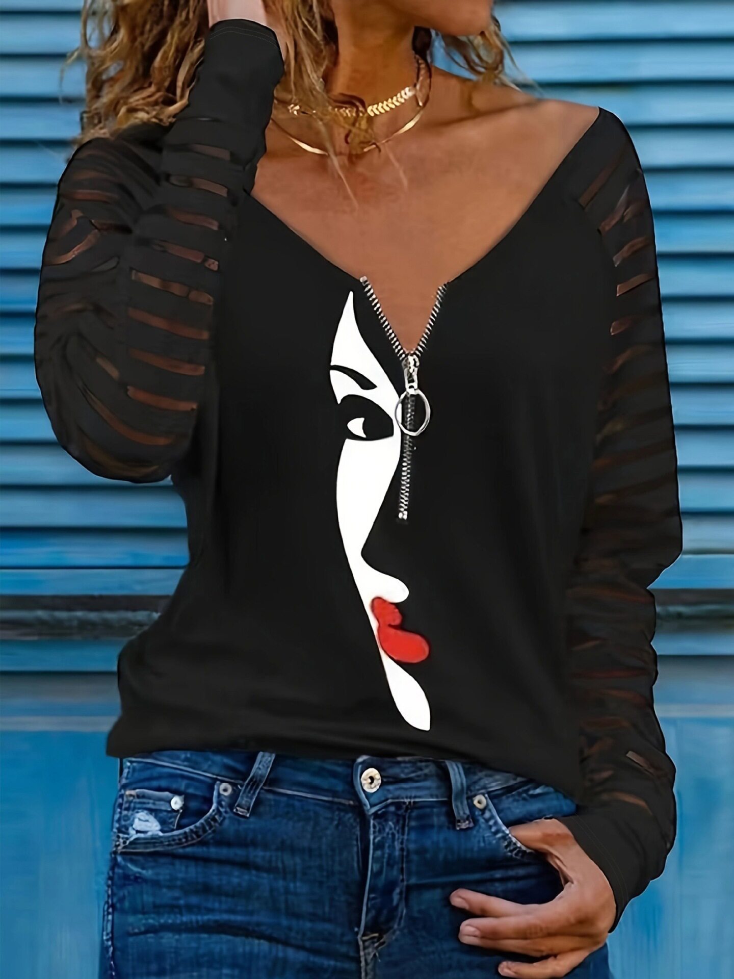 Abstract Face Print Long Sleeve Zip Up Hoodie for Women Trendy Fall Winter Style Comfortable Casual Wear Wholesale
