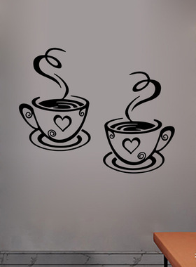 新款 一对咖啡杯子印刷墙贴画 创意厨房装饰背景2pcs咖啡杯墙贴画