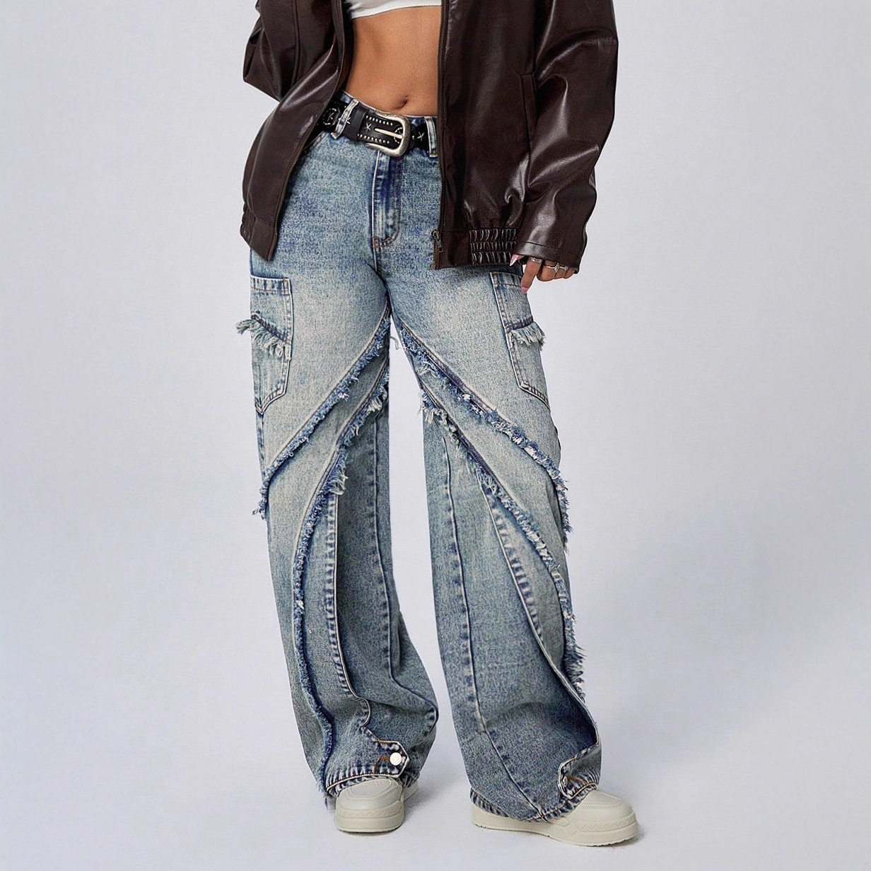 Wide Leg Denim Trousers Distressed Hem Patchwork Design Loose Fit Casual Wear for Women Wholesale Available