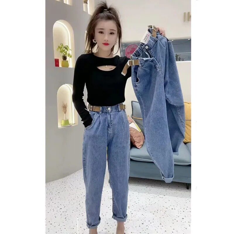 Womens High Waisted Denim Pants Stylish Spring Collection Versatile Plus Size Loose Harem Straight Leg Wholesale
