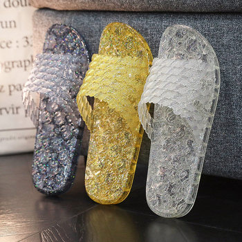 Flat Slippers Crystal Slippers Summer Women's Breathable Soft Sole Comfortable Outer Wear Home Bathroom Non-Slip Anti-Odor Slippers