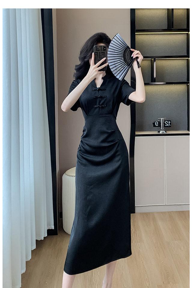 Váy Đầm Nữ Dáng Ôm Chiết Eo Phong Cách Trung Hoa Cổ Điển Màu Đen chi tiết 10