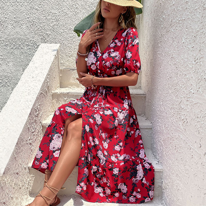 Vintage Floral Print V Neck Split Maxi Dress Summer Fashion for Women Elegant and Romantic Style Wholesale Available