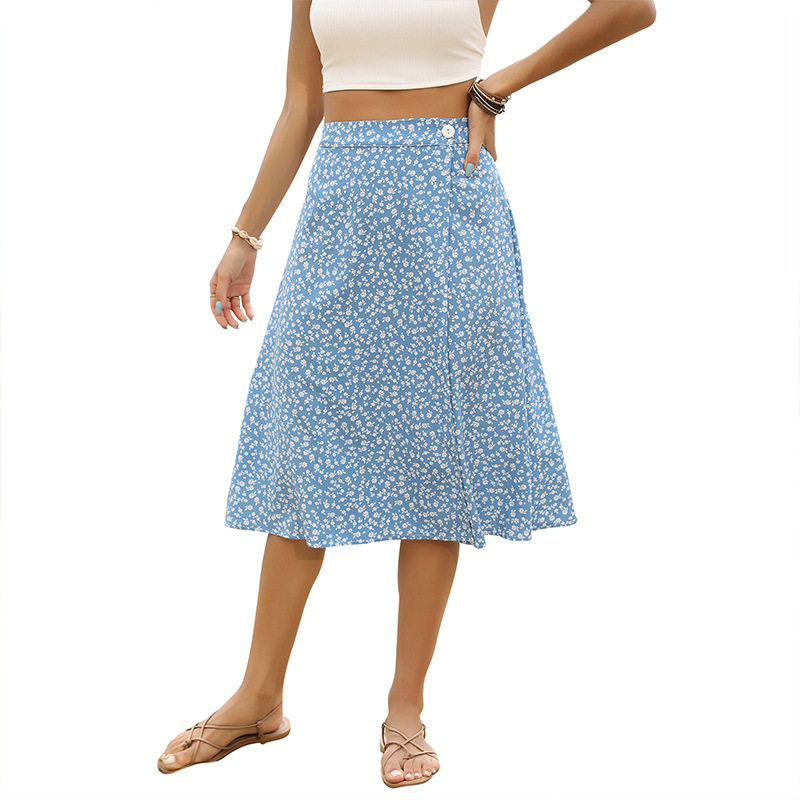 High Waisted Floral Split Skirt Summer Style Blue Color Comfortable Fabric Perfect for Casual Outings Wholesale