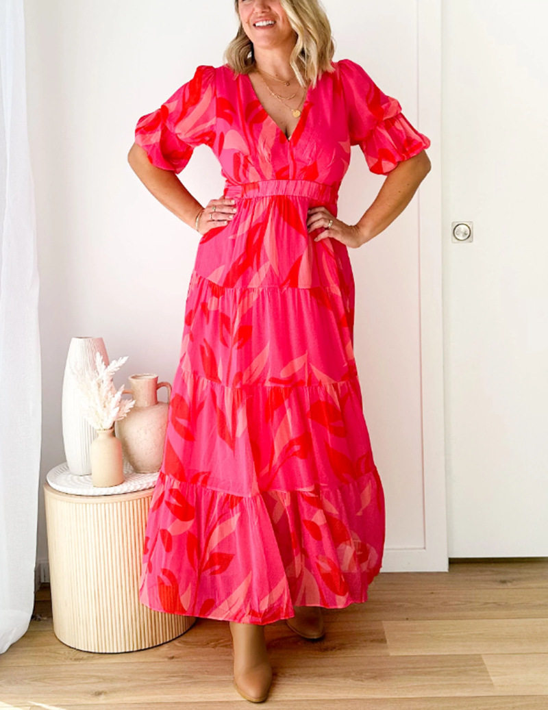 Summer Floral Print V Neck Dress Waist Defining Elegant Style Perfect for Casual Outings or Parties Wholesale