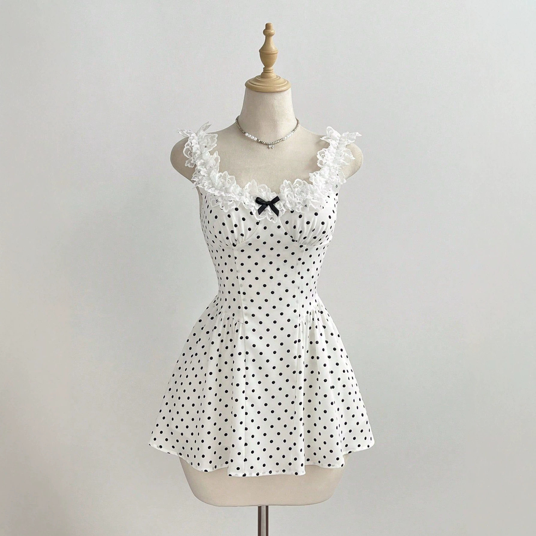 Mini A Line Dress Lace Trim Polka Dot Bow Detail Casual Wear for Women Ready to Ship fast shipping