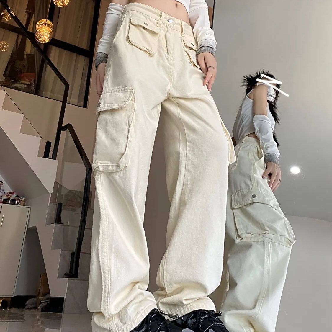Womens White Cargo Pants Loose Fit Multi Pocket Design Flattering Wide Leg Trendy Autumn Wear Wholesale Available
