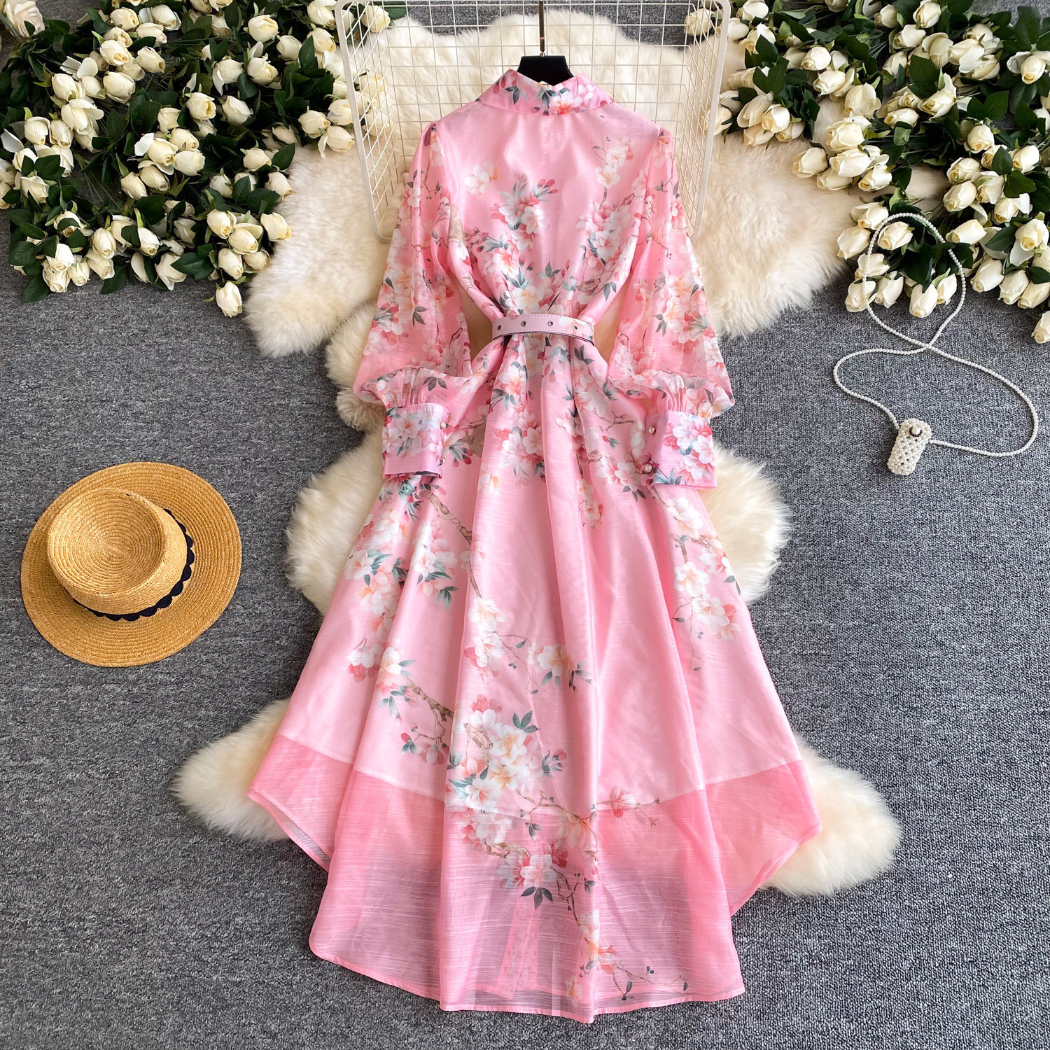 French Floral Print Long Sleeve A Line Dress Slim Fit Hollow Out Tie Waist Elegant Style Perfect for Office Wear