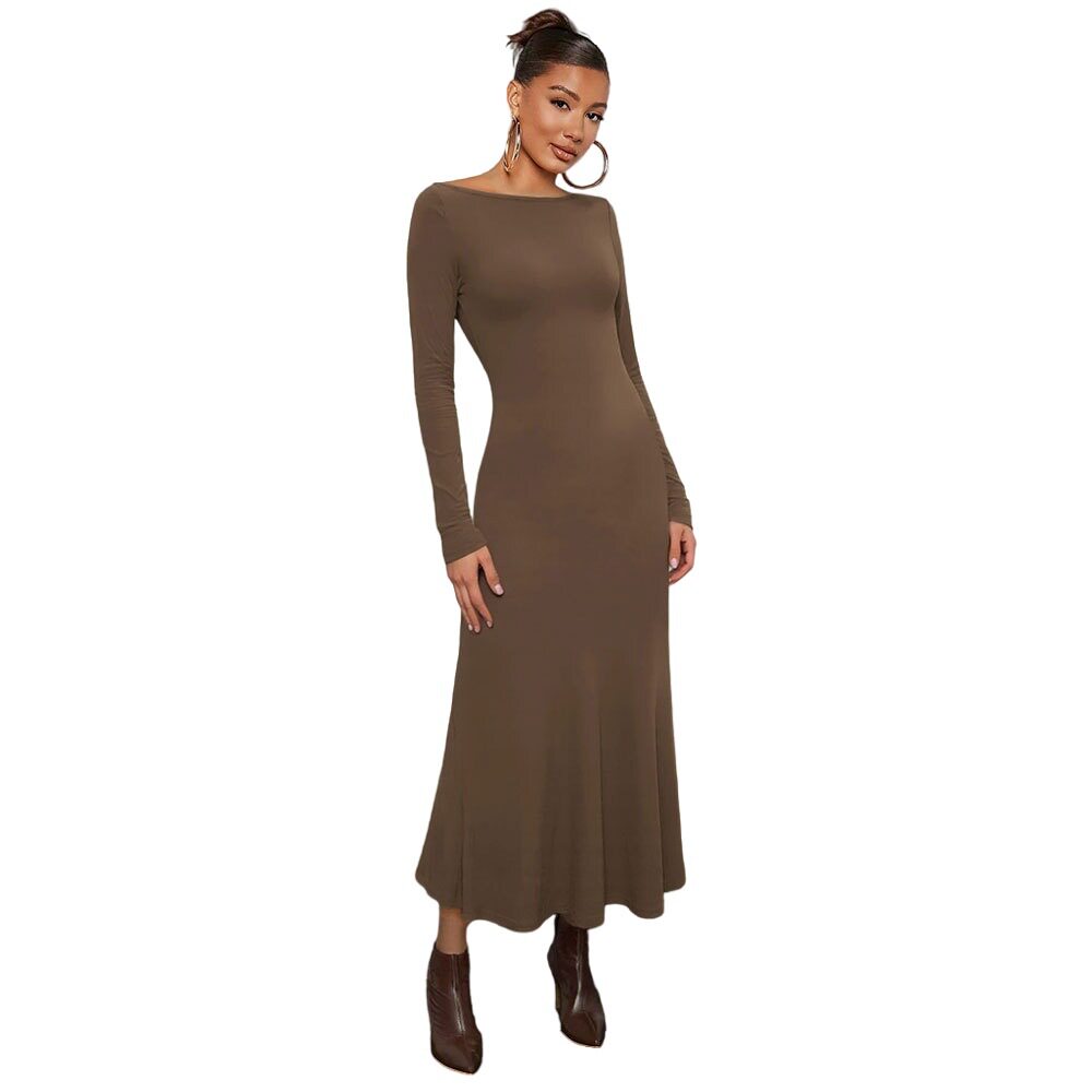 Solid Color Long Sleeve Bodycon Dress Mermaid Hem Off Shoulder Neckline Mid Length Perfect for Parties and Events