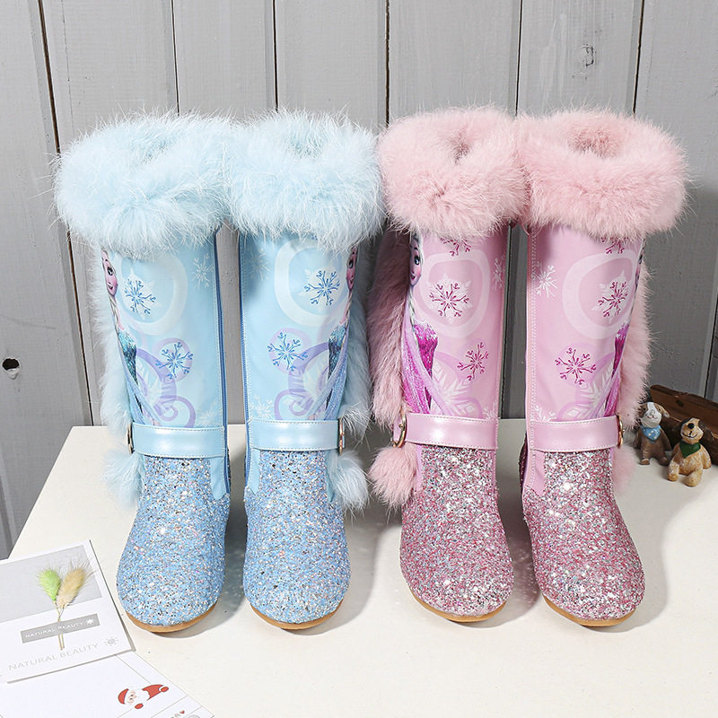 2025 Winter New Girls' High Heel Boots Frozen Elsa Plush Fashion Snow Boots with Fleece Lining for Warmth