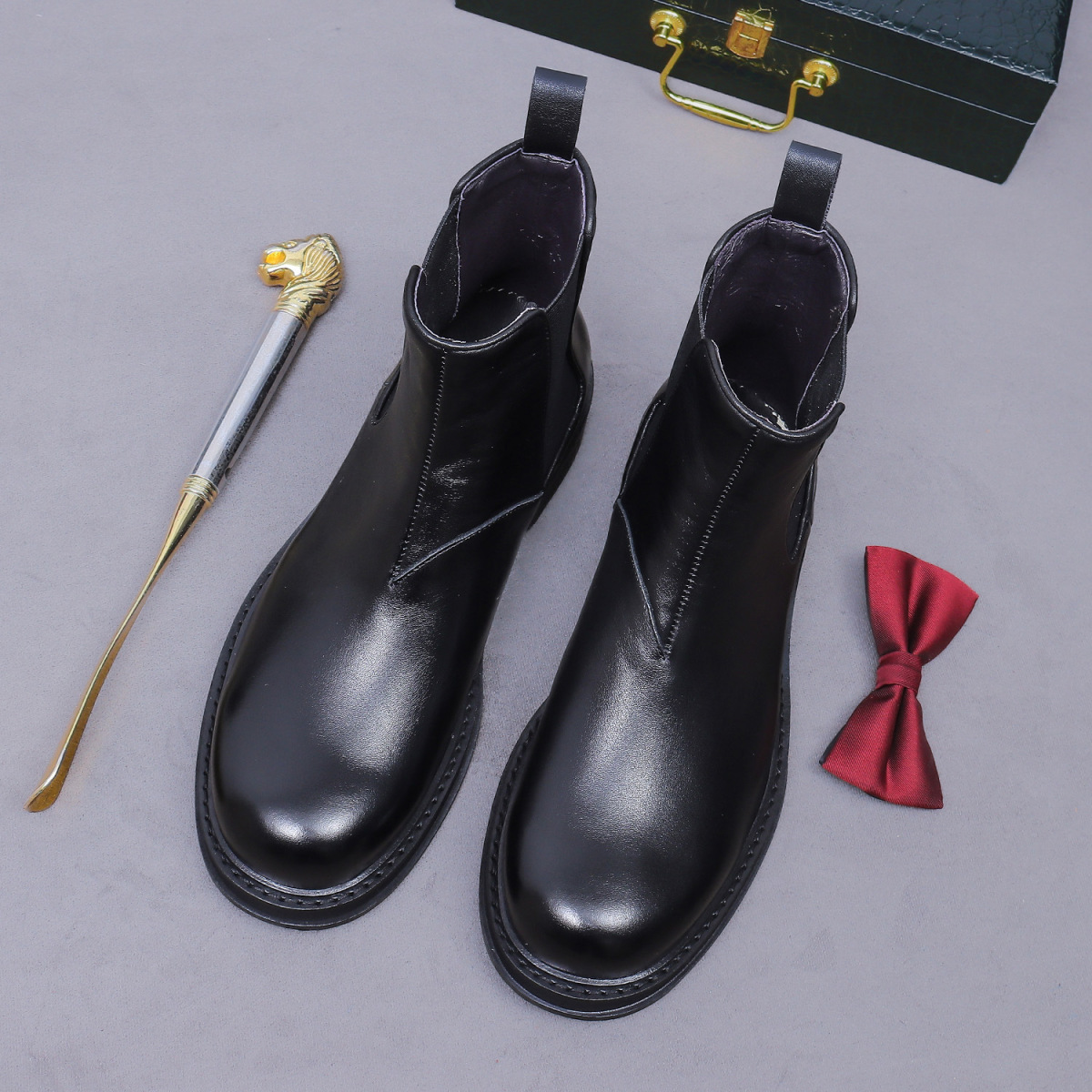 Giày boot Chelsea nam da bò thật cổ thấp đế dày phong cách công sở — đen