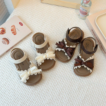 Ins Children's Sandals Spring and Summer 2025 New Korean Style Girl's Bow Lace Flat Princess Shoes