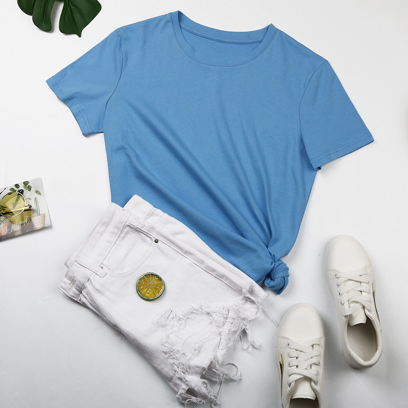 Womens Basic Round Neck Short Sleeve T Shirt 100 Cotton Solid Color Summer Style Wholesale Available