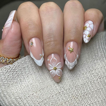 Cross-Border European and American Hot-Selling Flash Diamond Flower Contrasting Color Manicure Three-Dimensional Star Pearl Almond-Shaped Fake Nails
