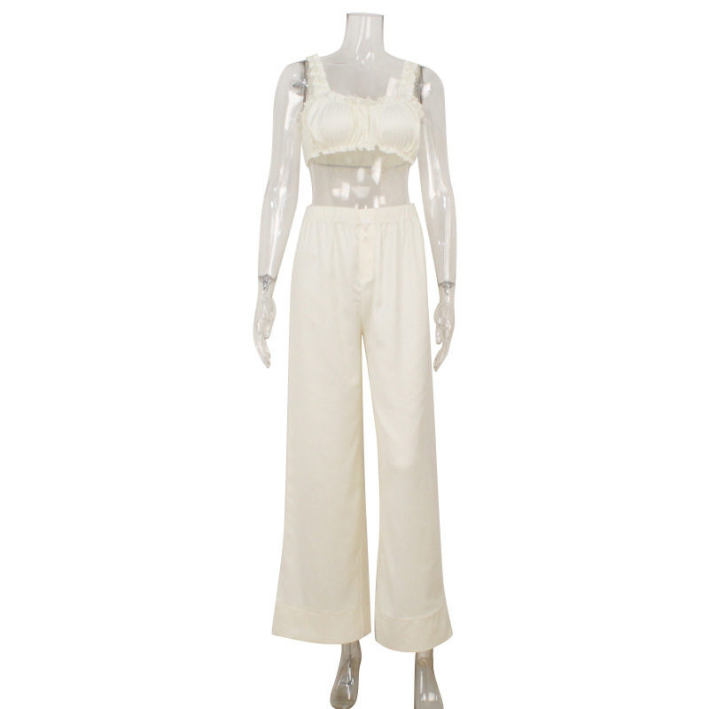 French Style Womens Satin Camisole and Pants Set Soft Peach Color Ruffle Trim Comfortable Fabric Homewear