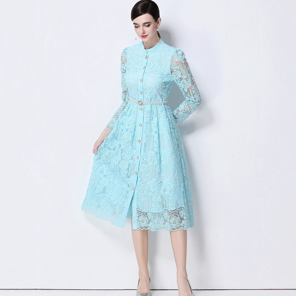 Elegant French High End Womens Dress Heavy Embroidery Single Breasted Waist Tie Long Tulle Skirt Autumn Collection