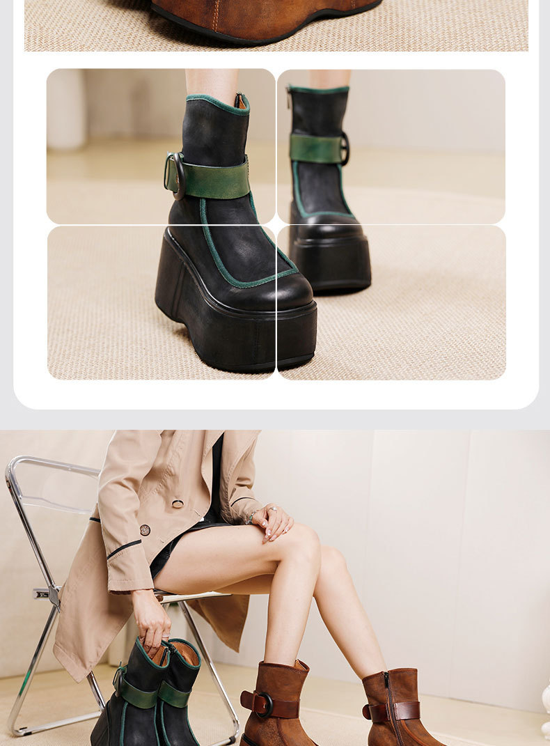 Boot nữ cổ trung da bò thật phối màu đế dày khóa kéo bên — Màu cà phê, Màu đen