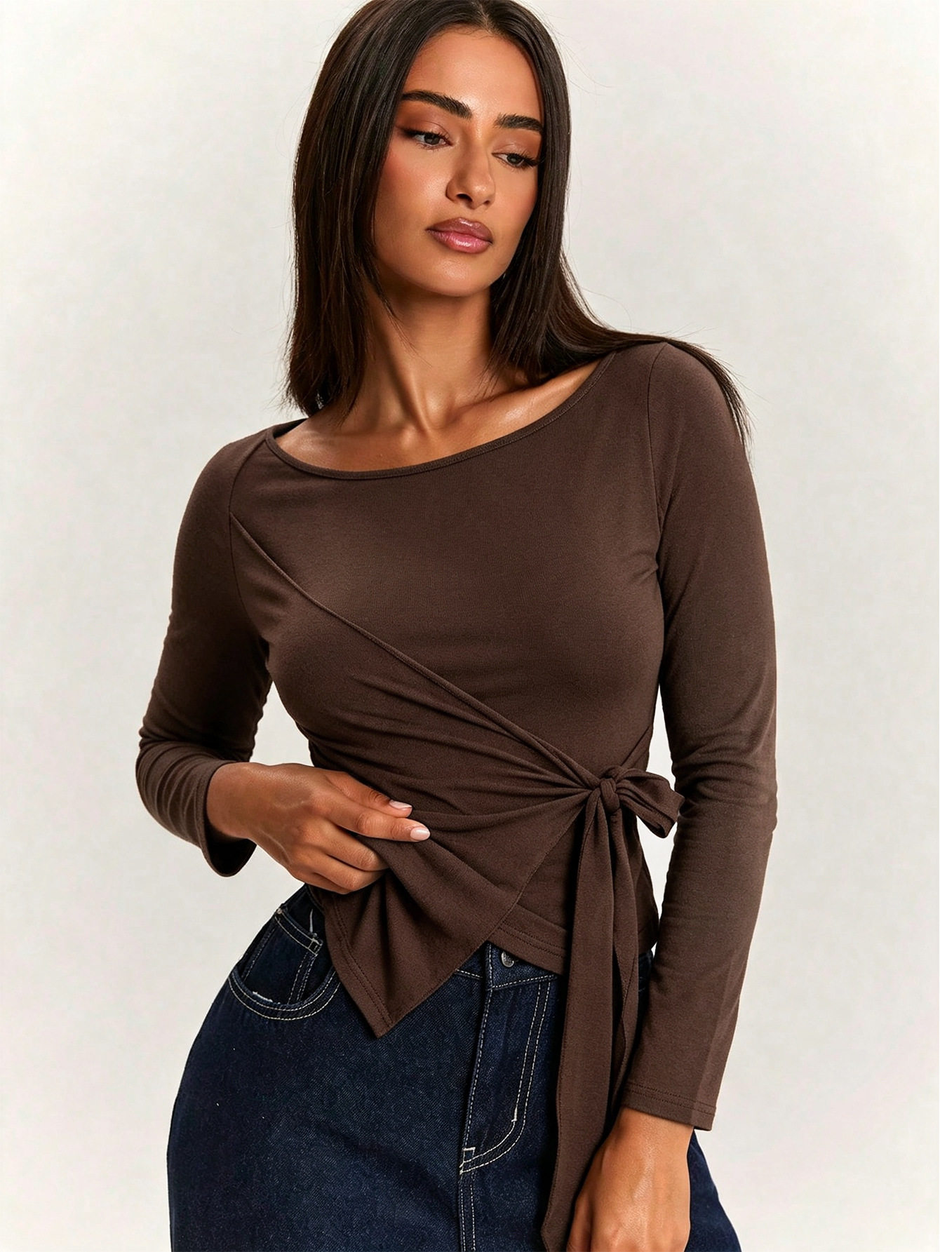 Vintage Off Shoulder Long Sleeve T Shirt Side Tie Waist Cinching Asymmetrical Hem Casual Wear Wholesale Available