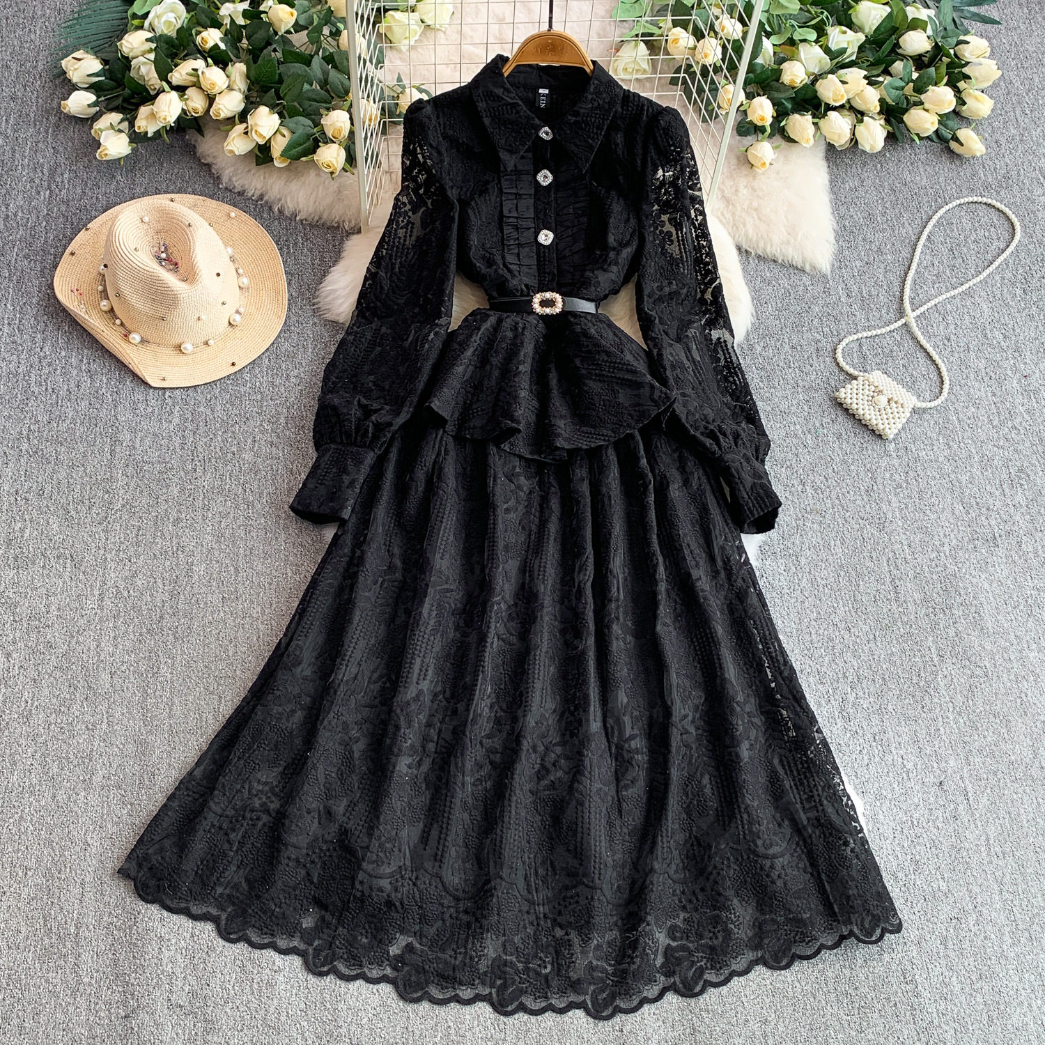 Celebrity French-Style Heavy Mesh Embroidery Lapel Waist Slimming Shirt Fairy Exquisite Age-Reducing Long Skirt Two-Piece Set
