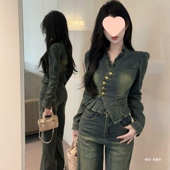 Spring New Retro Hot Girl Collar Slim Fit Metal Buckle Denim Jacket Versatile Wide Leg Pants Two-Piece Set