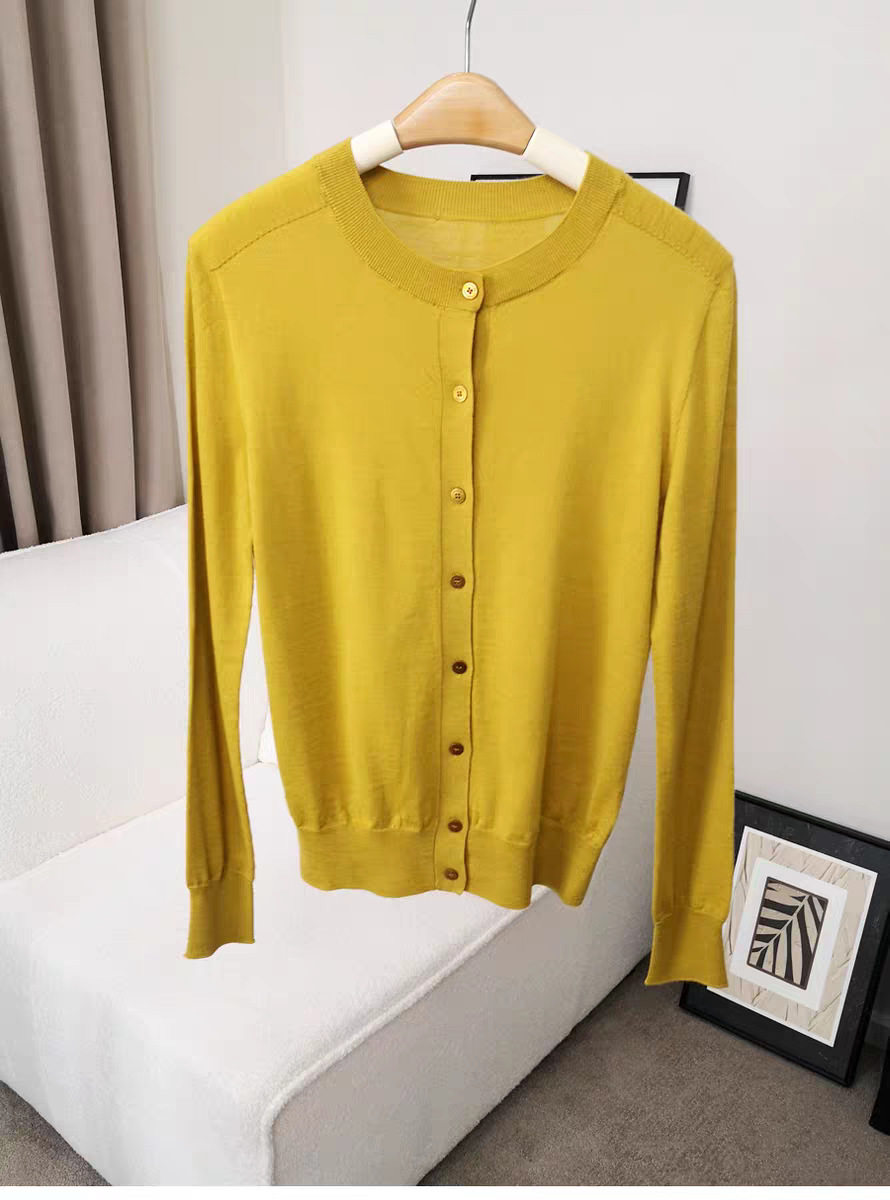 德国扬子纱100%美丽诺羊毛针织圆领开衫精纺60支外套秋冬薄款女25